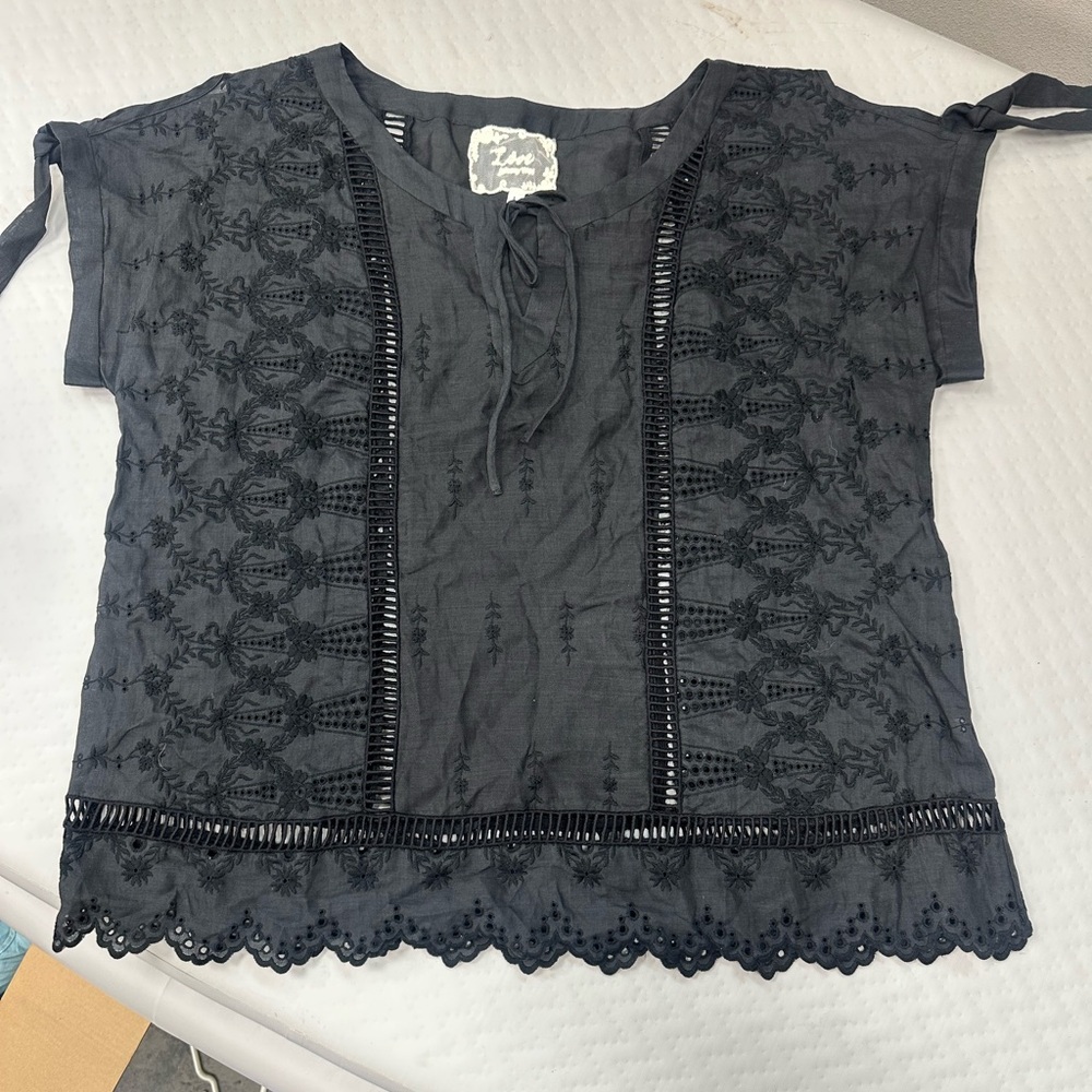 Johnny Was Love Embroidered Boho Top Charcoal Gray Lace Blouse Large